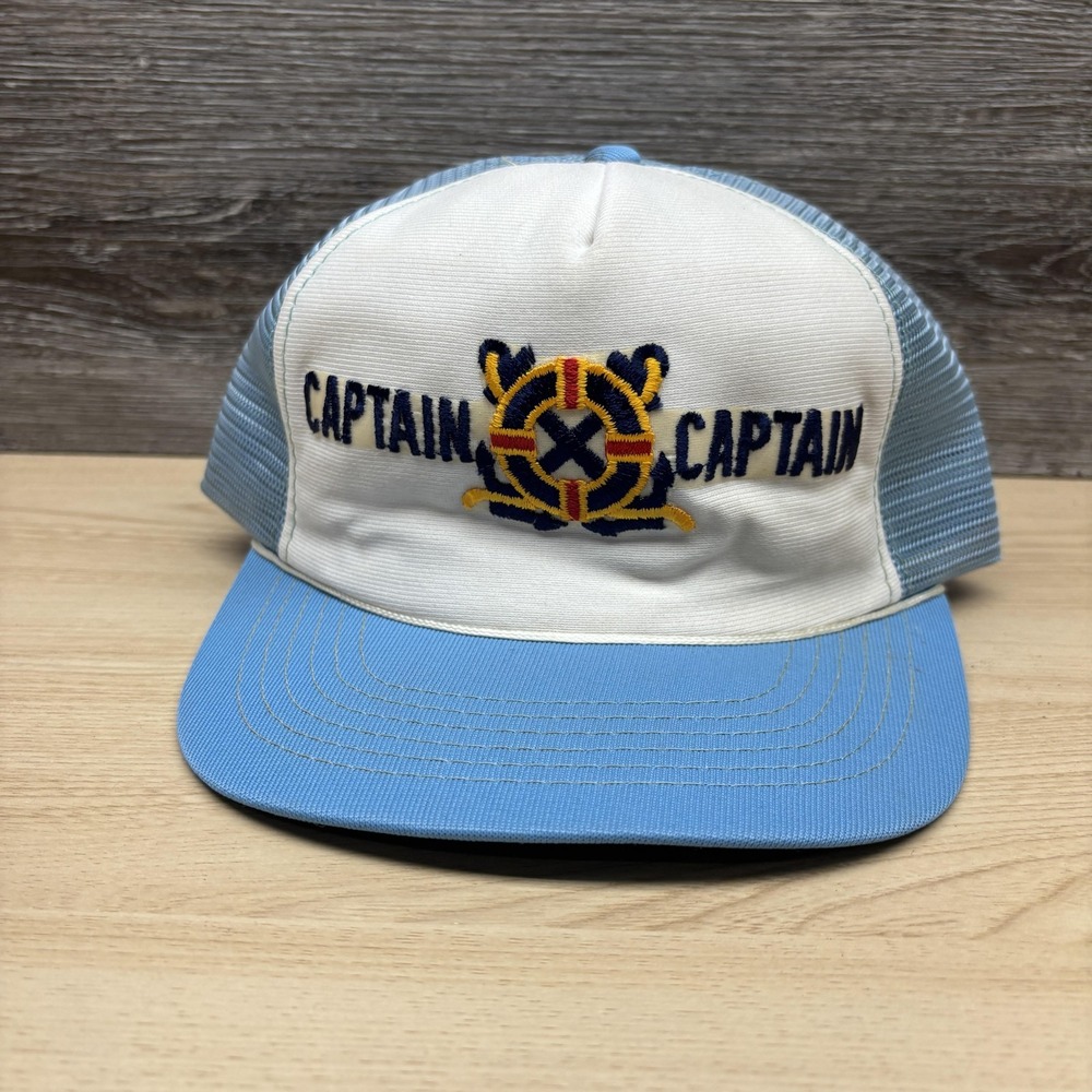 Vintage Captain Hat Cap Snap Back Blue White Mesh Trucker Mens 80s